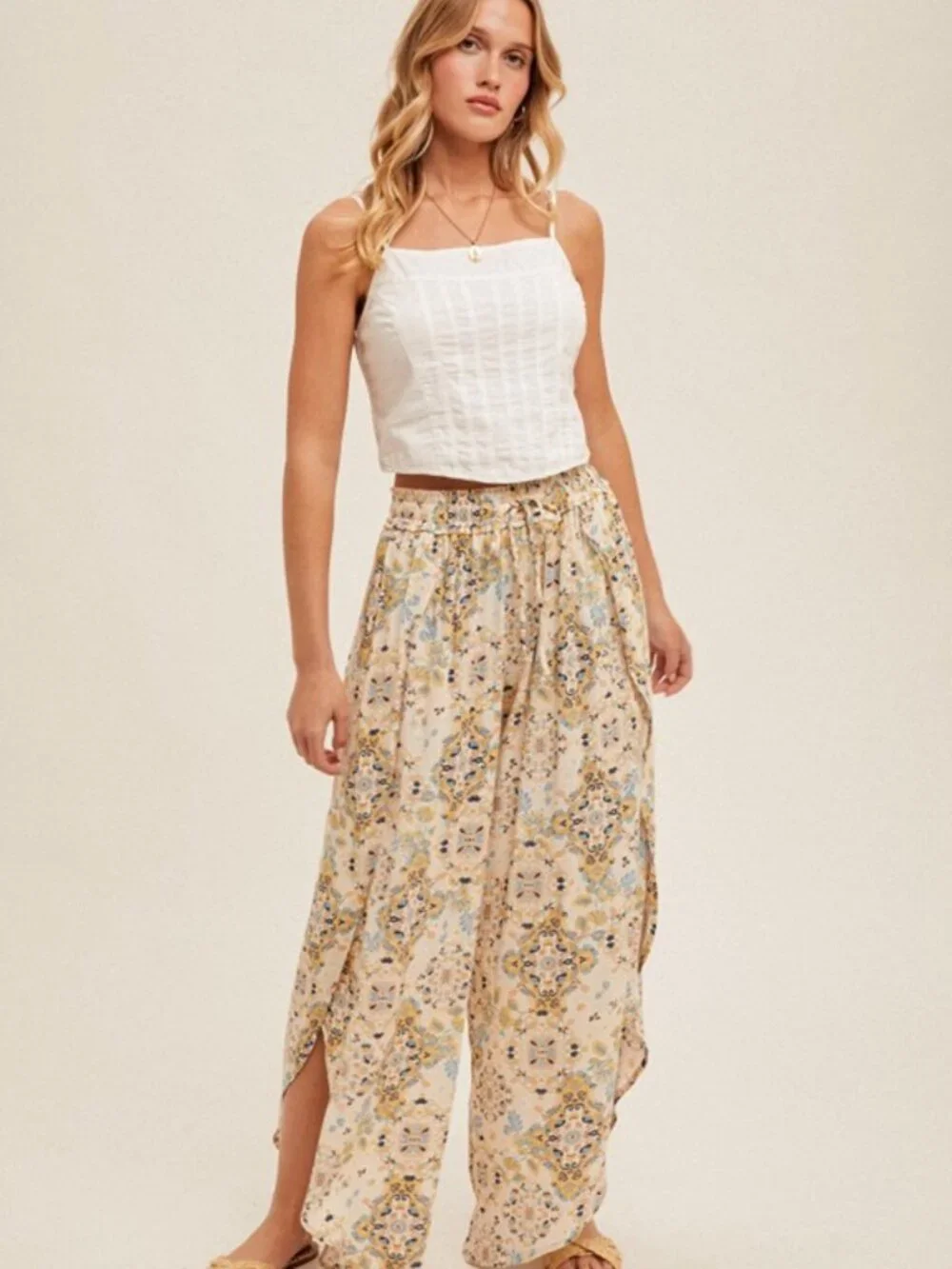 NWT Boutique: Hem & Thread Mosaic Printed Tulip Hem Pants in Taupe - 100% Cotton - Picture 7 of 7